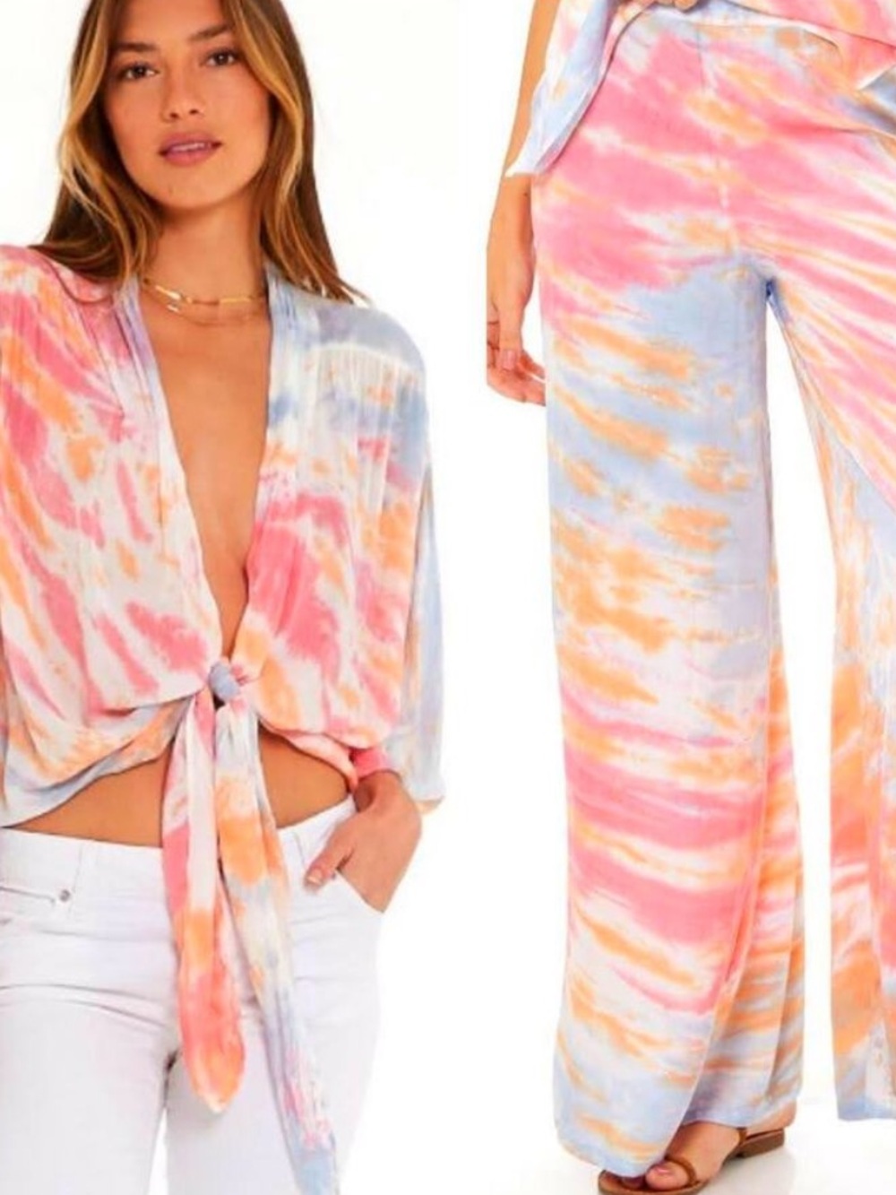 Young fabulous and broke Tie Dye Set Carmen Tie Front Top Aiko Wide Leg Pant XS